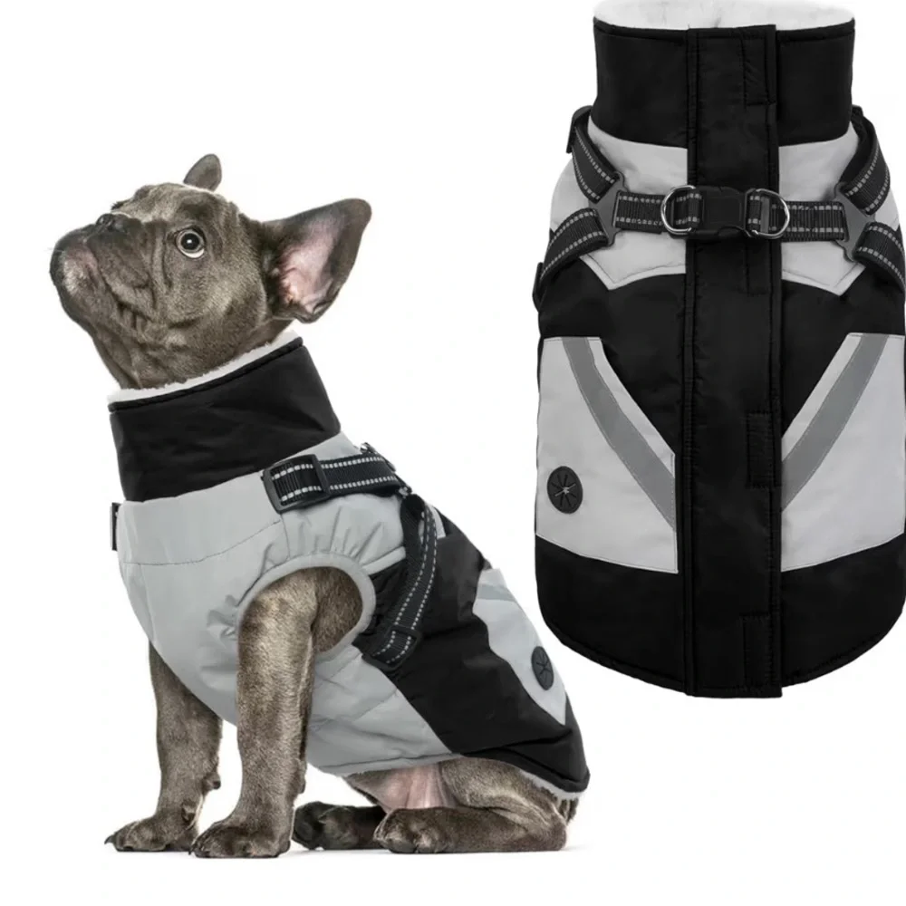 Dog/Cat Coat With Harness Built In - Black, Large - Waterproof Winter Coat/294-4